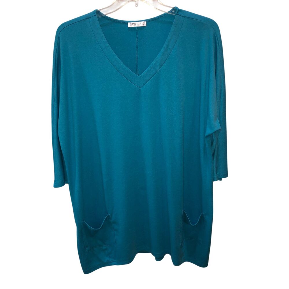Poetsky Womens 2XL Teal V Neck 3/4 Sleeve Stretch Rayon Pockets Tunic Top Shirt